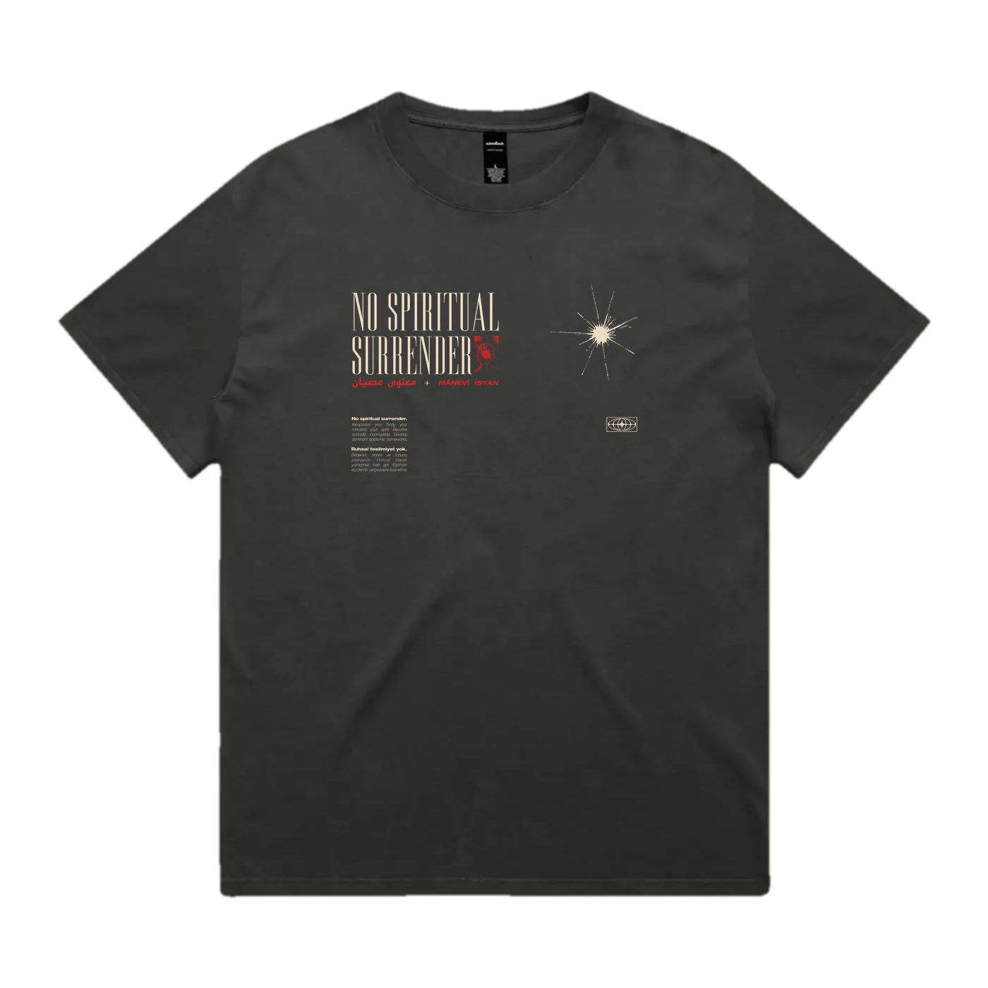 No Spiritual Surrender heavyweight graphic tee by WRTCHD, front print
